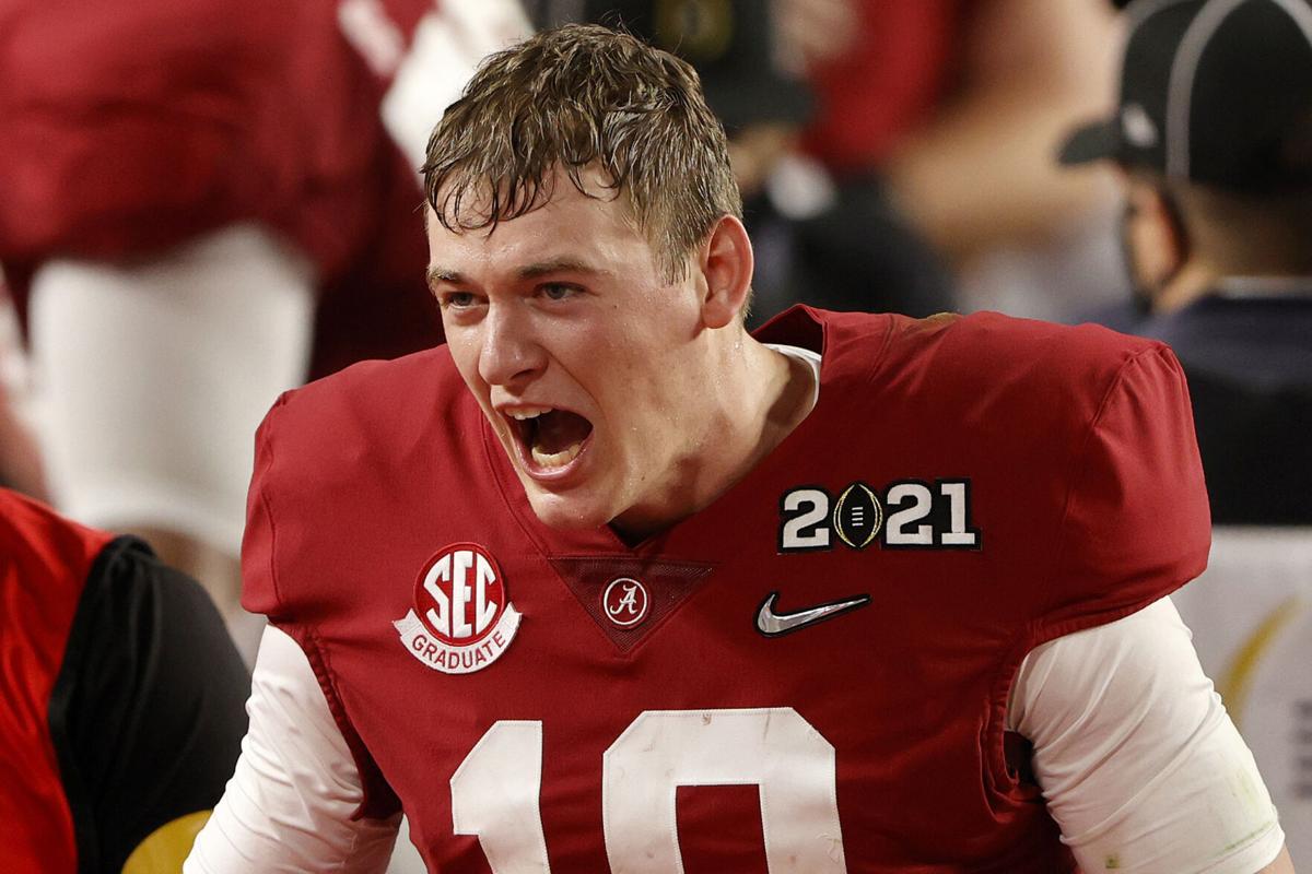 Mac Jones of the Alabama Crimson Tide celebrates following the CFP National Championship Presented by AT&T at Hard Rock Stadium on January 11, 2021 in Miami Gardens, Florida.