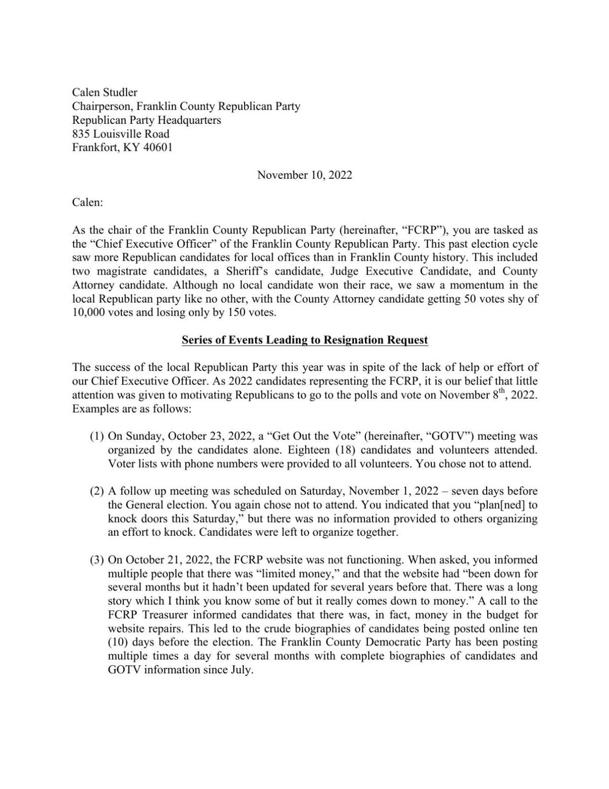 Letter seeking Calen Studler's resignation