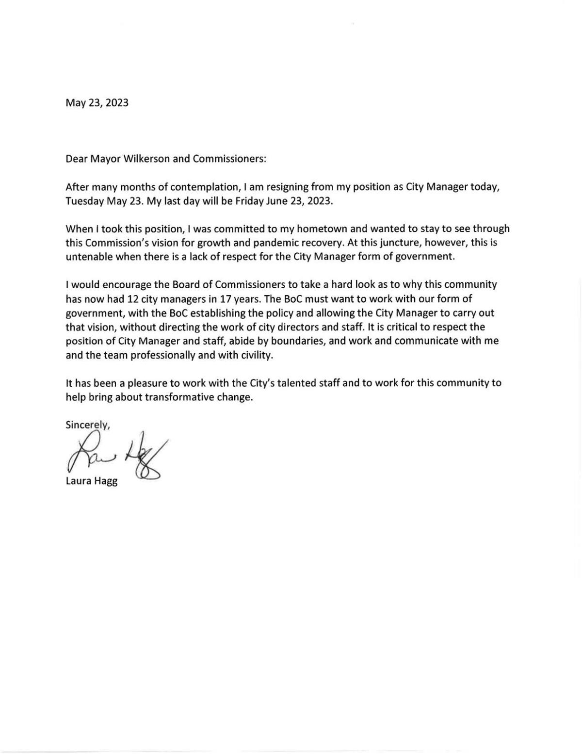 Laura Hagg resignation letter
