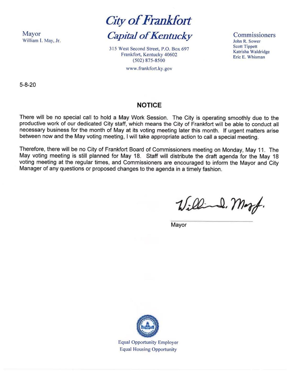 Notice Of No Special Work Session For May Pdf State Journal Com