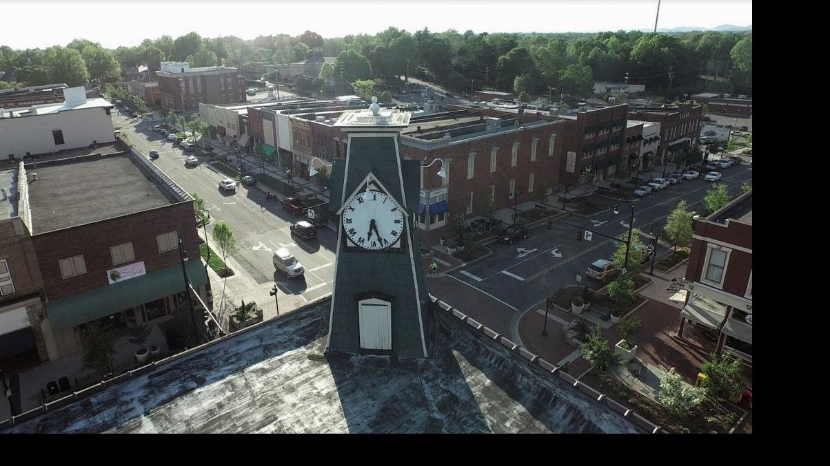 Aerial view of the downtown clock tower in Statesville News