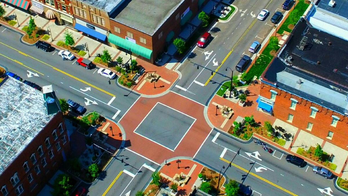 Aerial view of Statesville's downtown streetscape shows close match to 