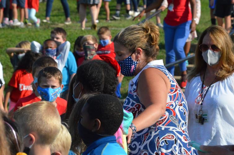Celeste Henkel Elementary School students make human flag