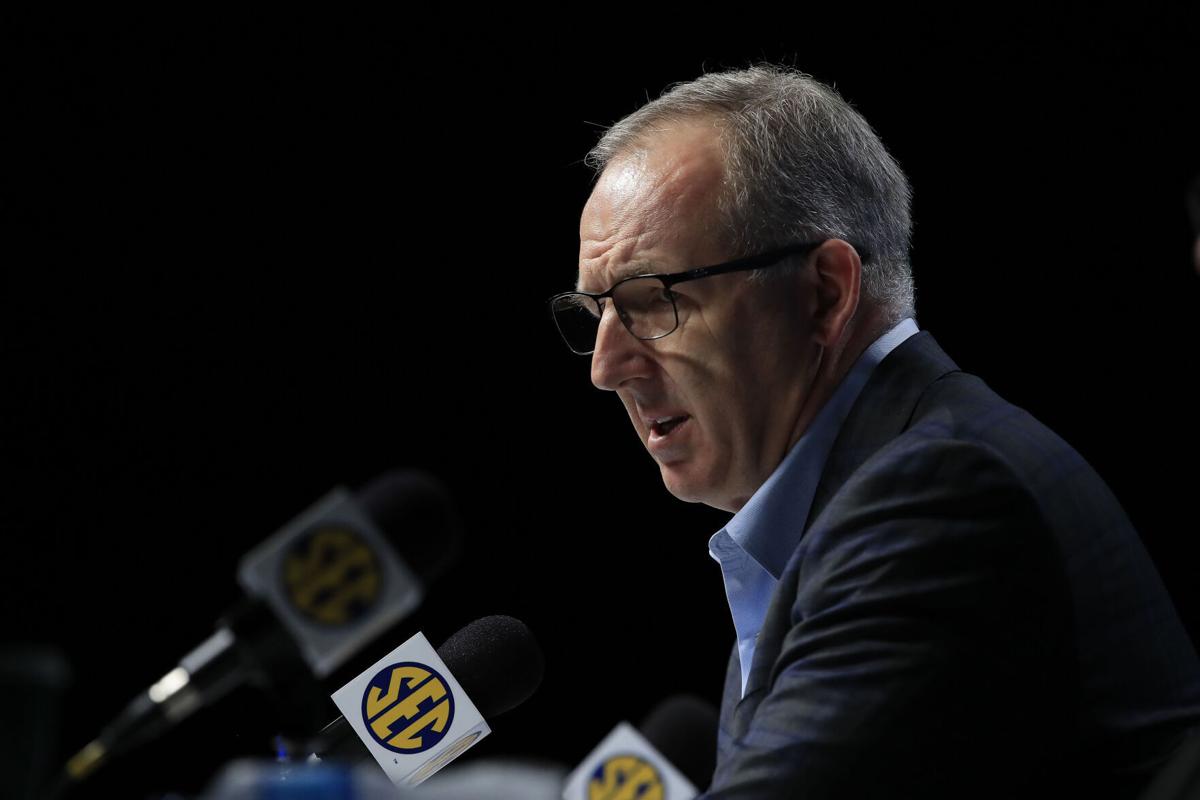 In this file photo, Greg Sankey, Commissioner of the SEC, addresses the media following the announcement of the cancellation of the SEC Basketball Tournament at Bridgestone Arena on March 12, 2020, in Nashville, Tennessee.