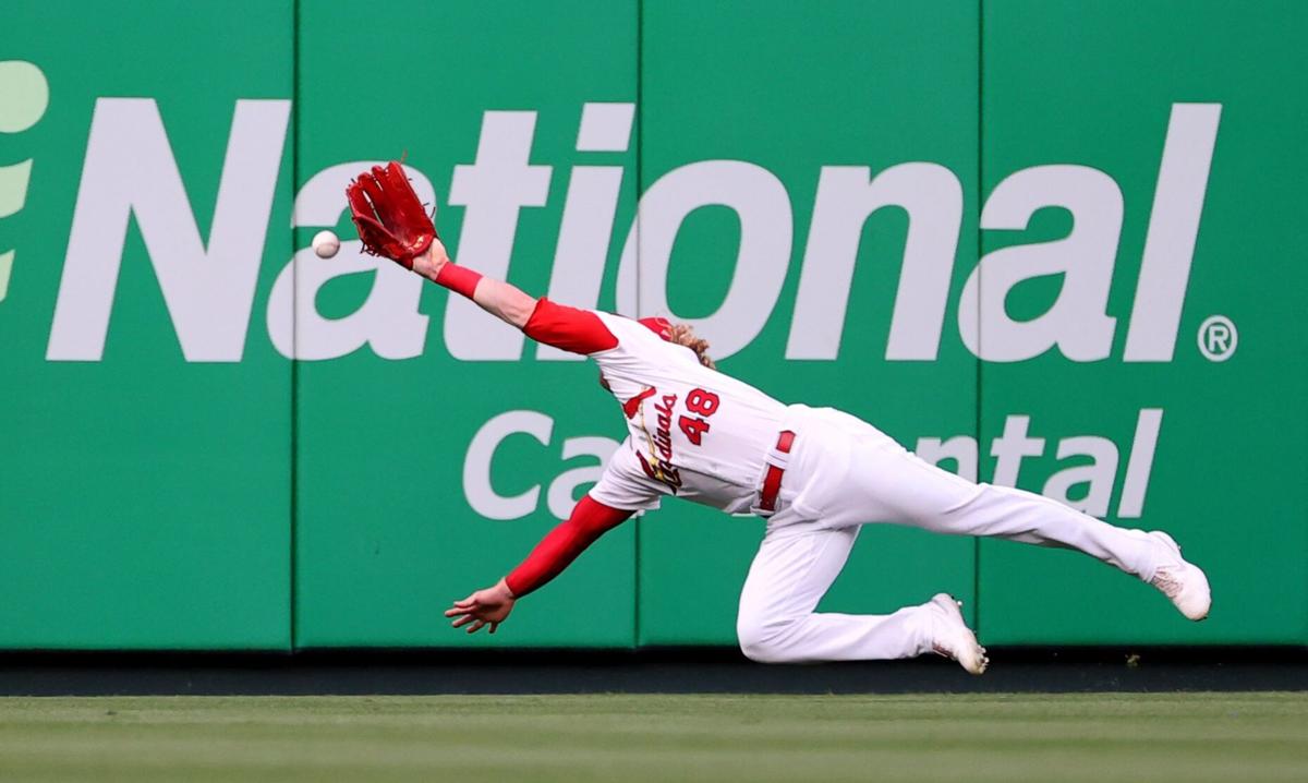 St. Louis Cardinals outfielder Harrison Bader (48) reacts during