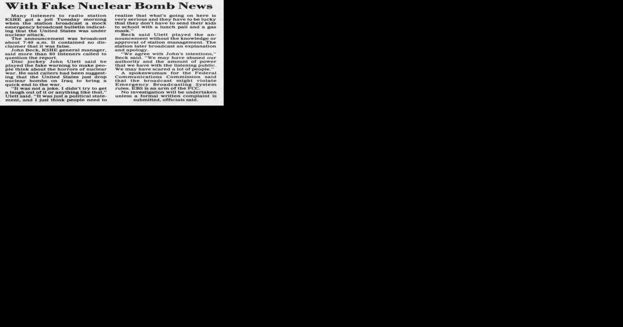 Jan. 29, 1991: KSHE Broadcasts Fake Nuclear Bomb News - Vimarsana News