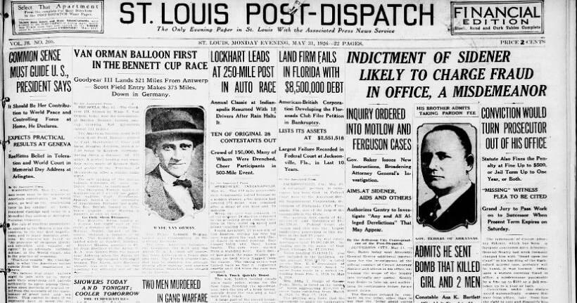 See the May 31, 1926, front page: Indictment of Sidener likely to charge fraud in office
