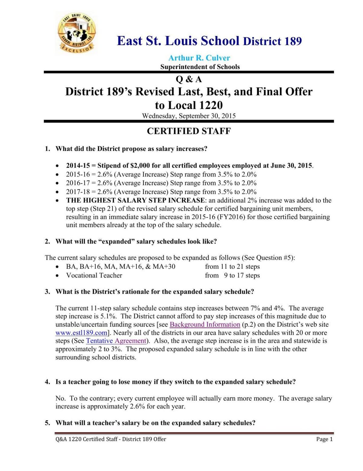 Summary of East St. Louis District 189 contract offer to teachers
