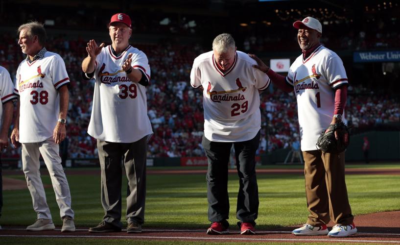 Former St. Louis Cardinals shortstop Ozzie Smith is seen during a ceremony  honoring the 1982 World Series champion Cardinals team before the start of  a baseball game between the St. Louis Cardinals