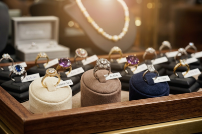 Colorful gemstone and diamond engagement rings displayed on velvet stands in a luxury store showcase