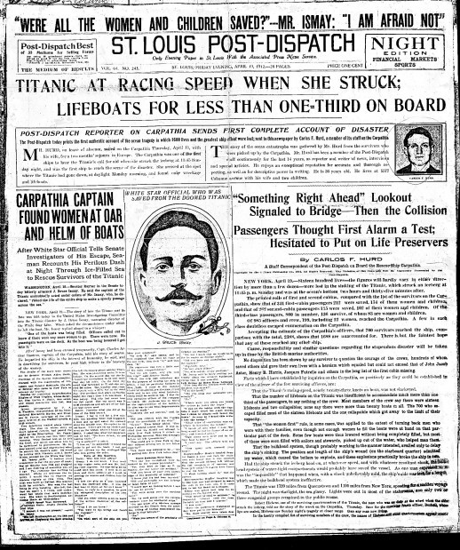 A look back • When Titanic sank in 1912, P-D reporter Carlos Hurd landed the story of a lifetime ...