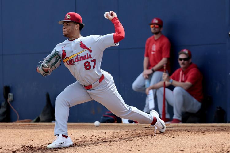 Cardinals Nootbaar visits players on the field during Thursday spring training workouts