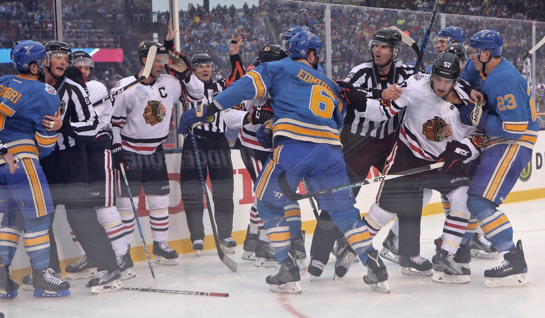 blues and blackhawks winter classic jerseys