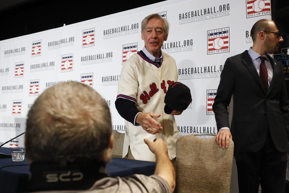 Former St. Louis Cardinals catcher Ted Simmons wears a Hall of Fame jersey  during the Major League Baseball winter meetings Monday, Dec. 9, 2019, in  San Diego. Simmons was elected into the