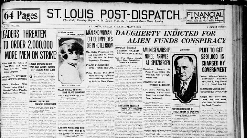 stltoday.com - Post-Dispatch archives - See the May 7, 1926, front page: 2 die in hotel room after fumigation