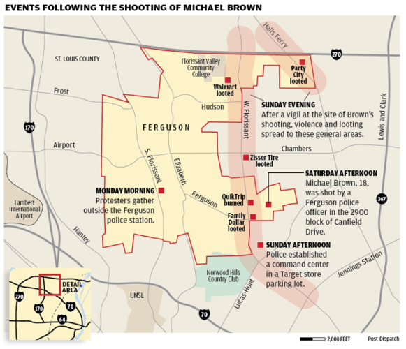 Events following the fatal shooting of Michael Brown map