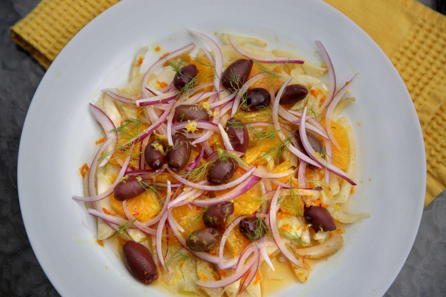 Warm Fennel Salad with Olives, Pine Nuts and Orange