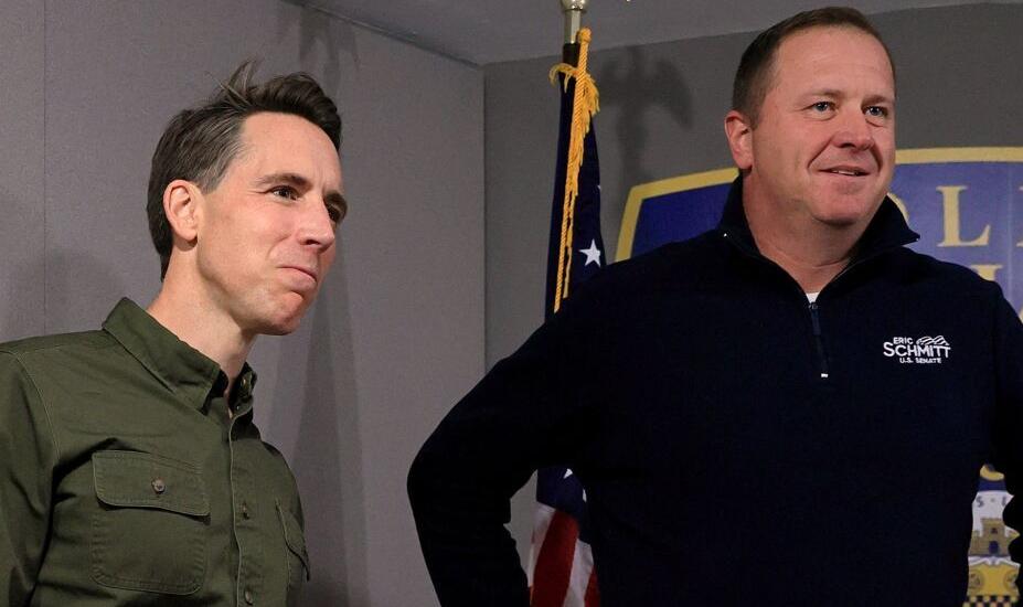 U.S. Senate candidate Eric Schmitt on Monday night with Sen. Josh Hawley