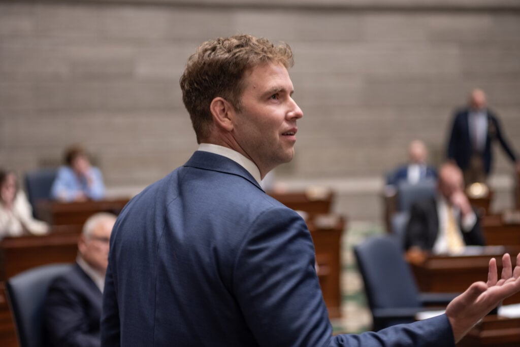 State Sen. Stephen Webber, D-Columbia, looks to the Senate dais in a disagreement over Senate rules