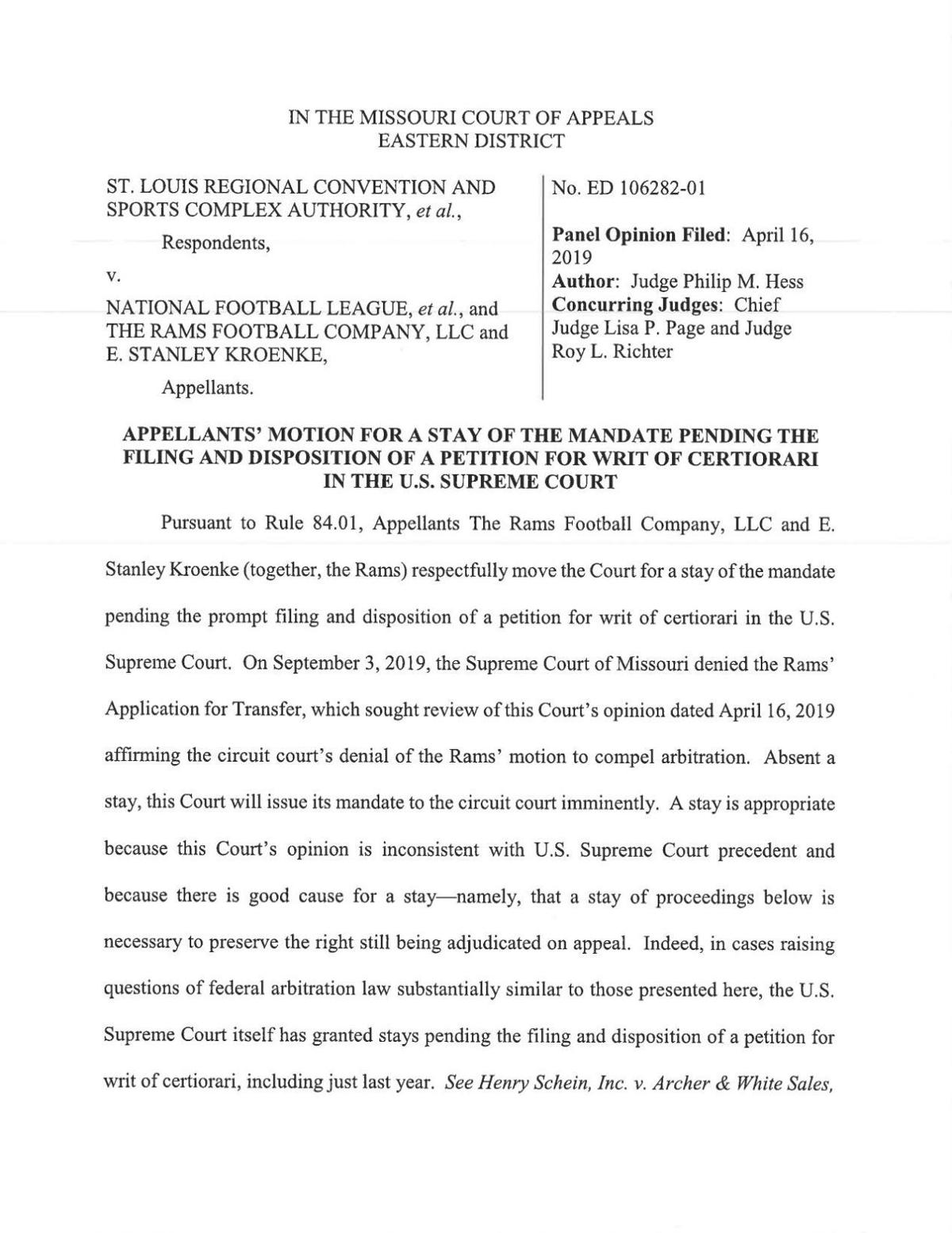 Kroenke motion to stay Missouri Supreme Court order