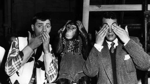 Image result for Actors from left, Jerry Lewis, Pierre, and Dean Martin, clown for the camera July 13, 1950 in a Hollywood press agent's version of an old Chines proverb. (AP photo)