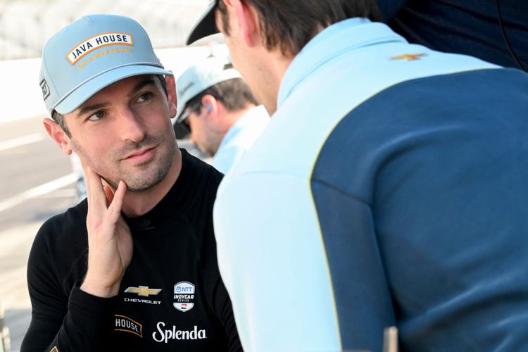 Ed Carpenter Racing driver Alexander Rossi (20) talks in his pit box Sunday, May 17, 2026, ahead of qualifying for the 110th