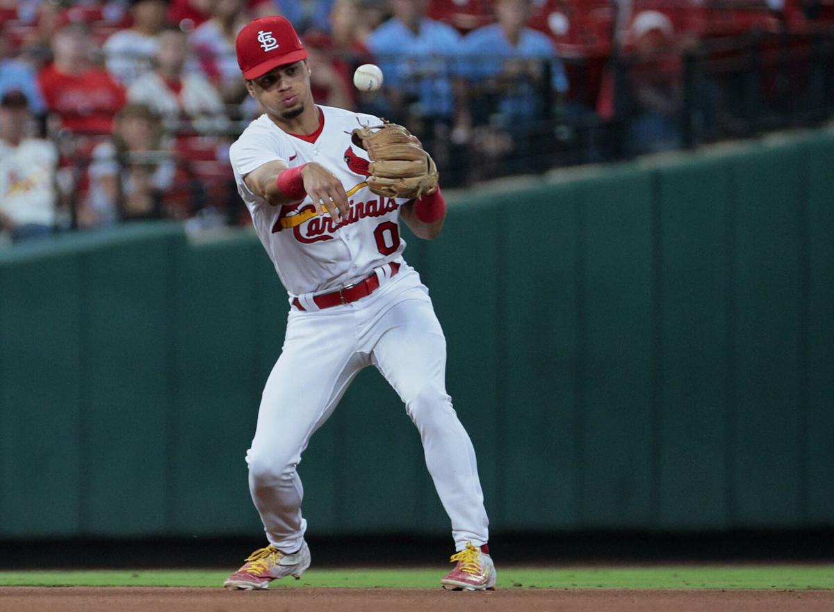 Dylan Carlson of the St. Louis Cardinals yells after striking out