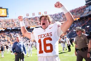 Texas quarterback Arch Manning (16) celebrates after a college football game between Tennessee and Texas at Neyland Stadium in