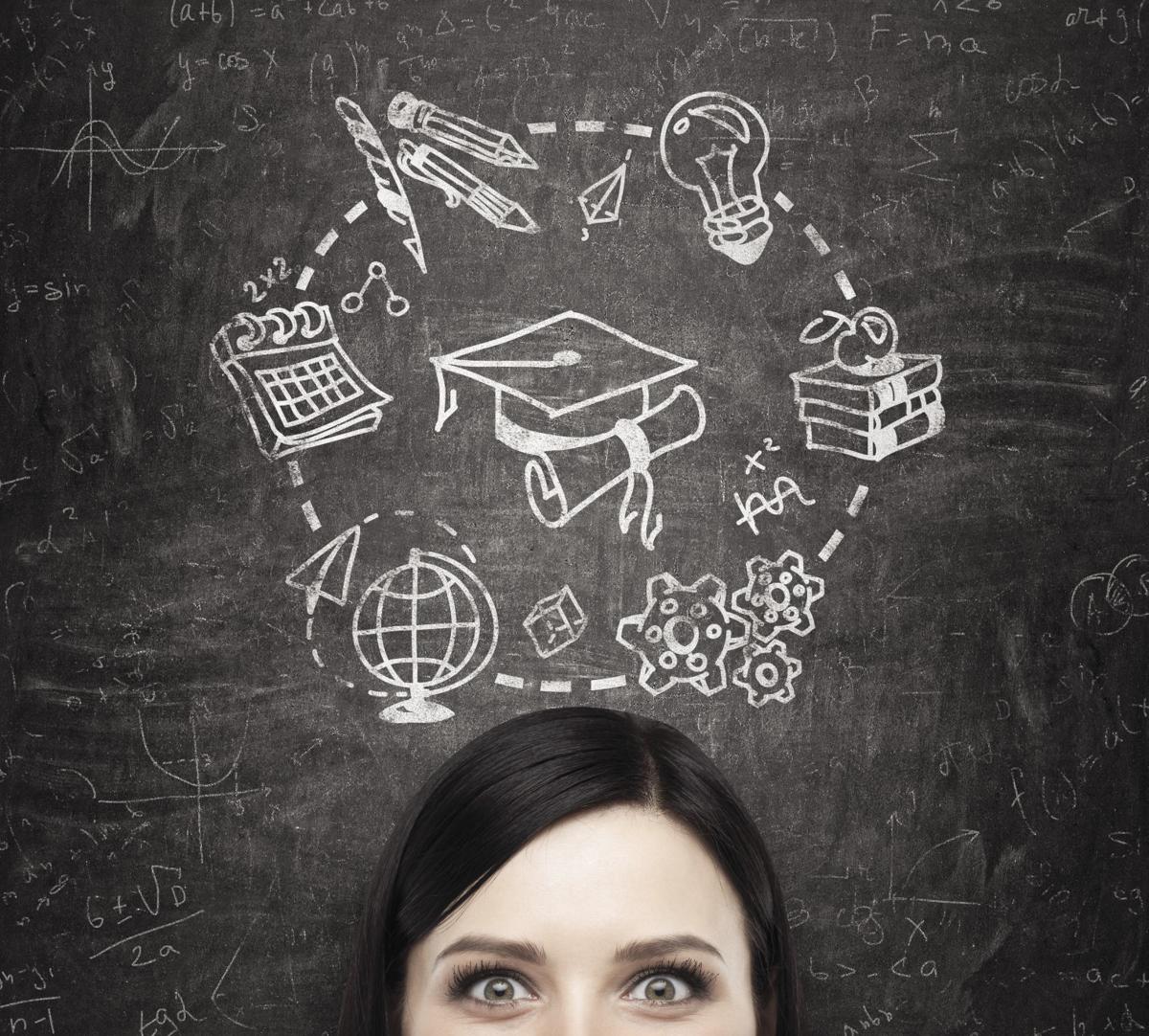Educational icons are drawn on the black chalkboard.