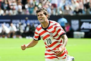 U.S. men's national team forward Christian Pulisic (10) reacts after scoring in the first half of an international friendly at Bank of America Stadium on May 31, 2026.