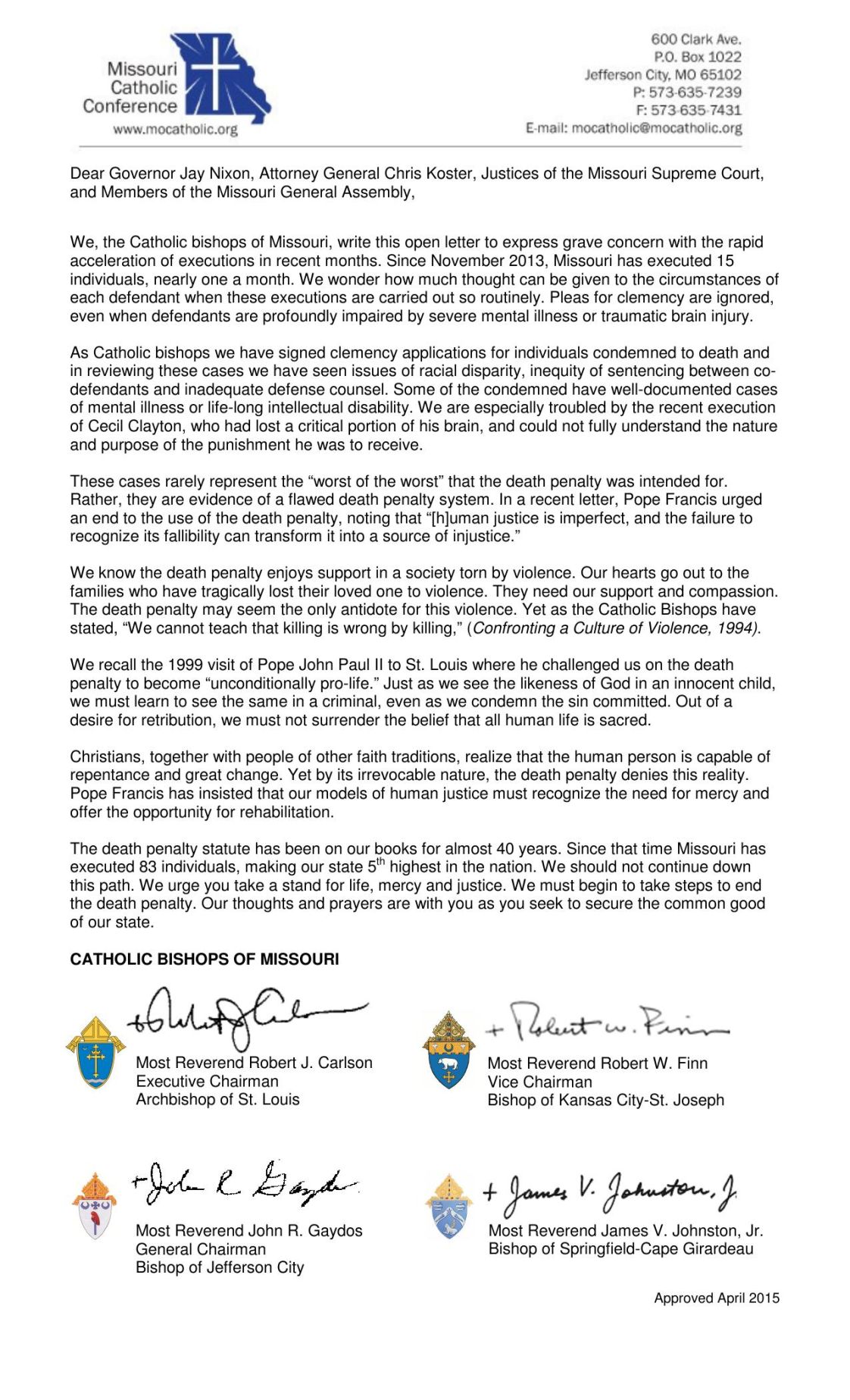 Death penalty letter by Missouri Catholic bishops