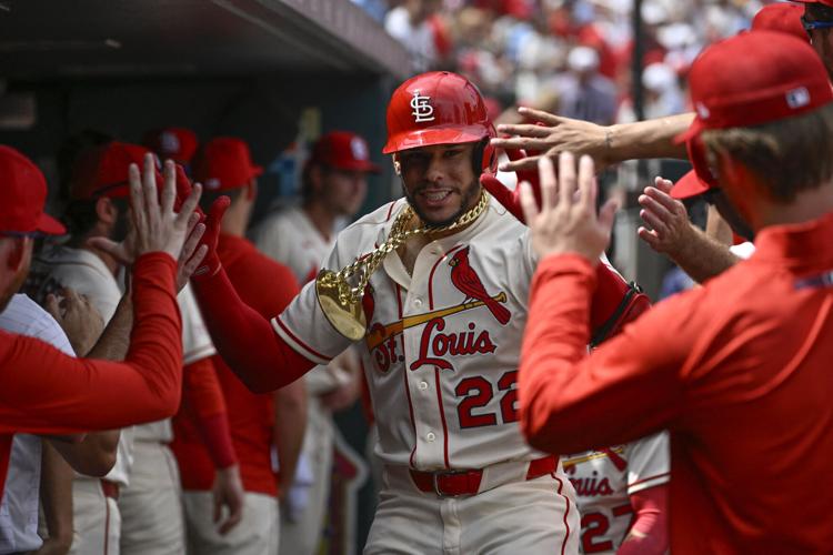 Aug 29, 2026; �����Ӱ�ԭ��, Missouri, USA; �����Ӱ�ԭ�� Cardinals left fielder Joshua Baez (22) celebrates in the dugout with teammates after hitting a solo home run against the Pittsburgh Pirates in the third inning at Busch Stadium. Mandatory Credit: Joe Puetz-Imagn Images