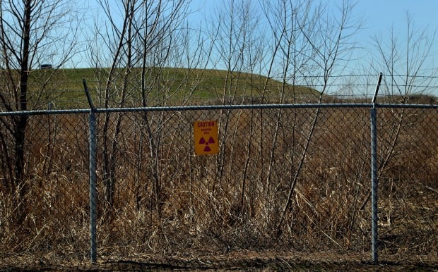 Radioactive sign at West Lake landfill in Bridegton- wider angle