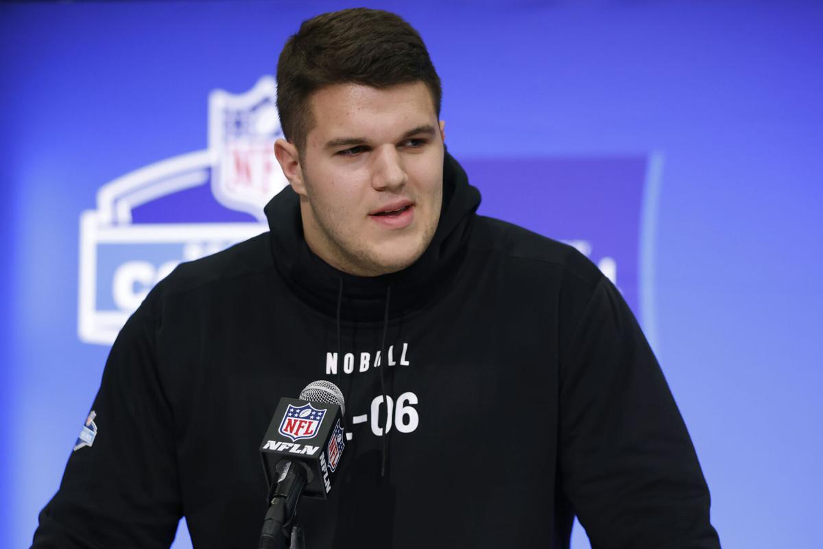 Duke offensive lineman Graham Barton speaks to the media during the NFL Combine at the Indiana Convention Center on March 2, 2024, in Indianapolis.
