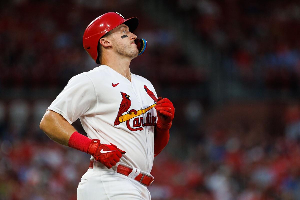 Andrew Knizner of the St. Louis Cardinals reacts after striking