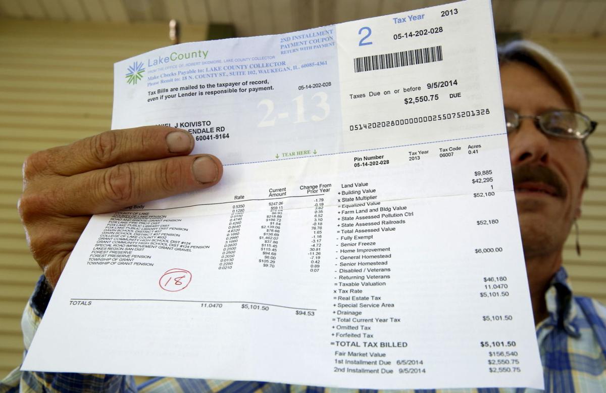 Dan Koivisto poses with a copy of his 2013 property tax bill at his home in Ingleside