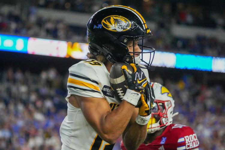 Sep 11, 2026; Lawrence, Kansas, USA; Missouri Tigers wide receiver Cayden Lee (19) catches a pass against the Kansas Jayhawks during the second half of the game at David Booth Kansas Memorial Stadium. Mandatory Credit: Denny Medley-Imagn Images