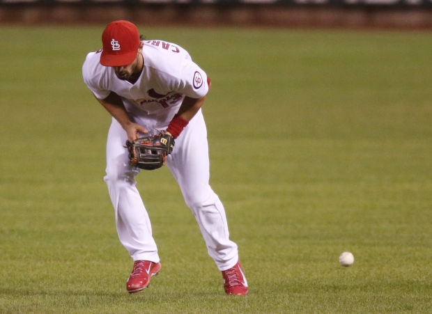 St. Louis Cardinals pitcher Michael Wacha can't make a play on a ball hit  by Washington Nationals Ryan Zimmerman in the ninth inning at Busch Stadium  in St. Louis on September 24