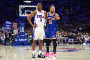 Philadelphia 76ers guard Tyrese Maxey looks on against New York Knicks guard Jalen Brunson (11) during Game 4 of the 2026 NBA conference semifinals on May 10, 2026.