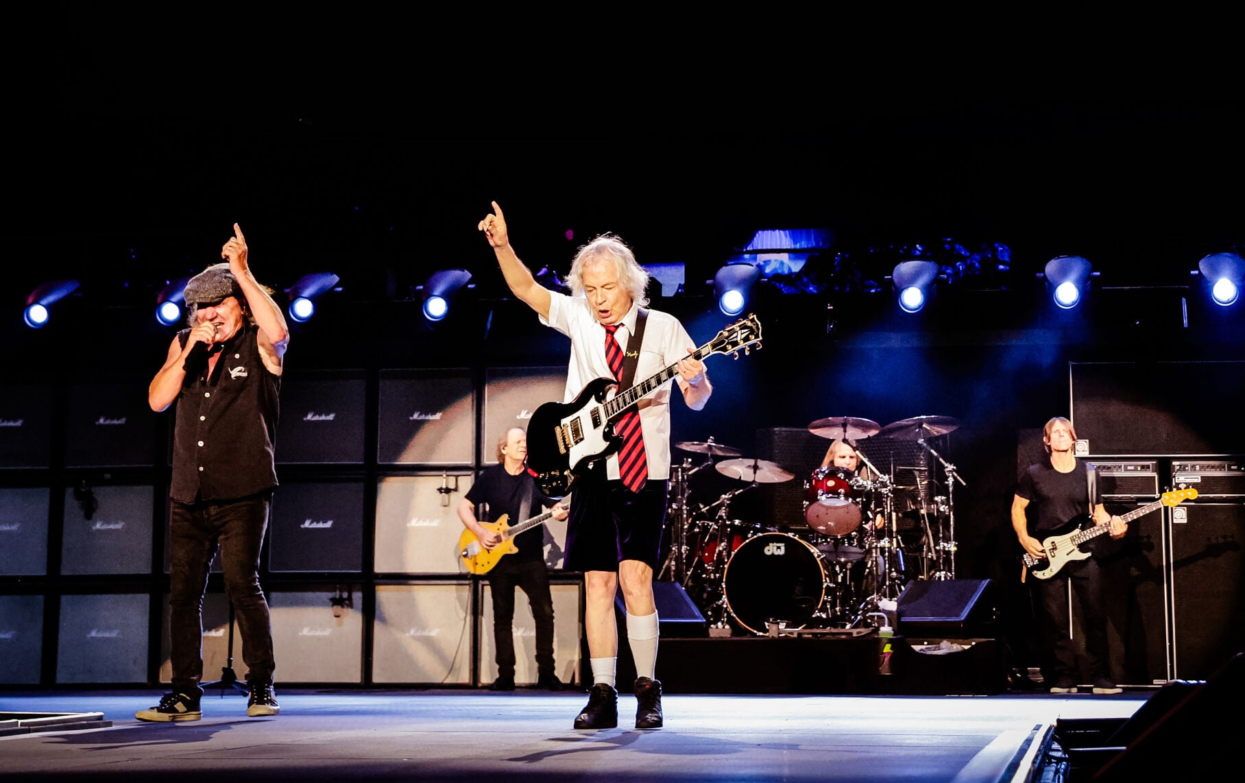 AC/DC's Brian Johnson (left) and Angus Young continue to spearhead the band and pump up the crowd at Bank of America Stadium in Charlotte July 11, 2026.