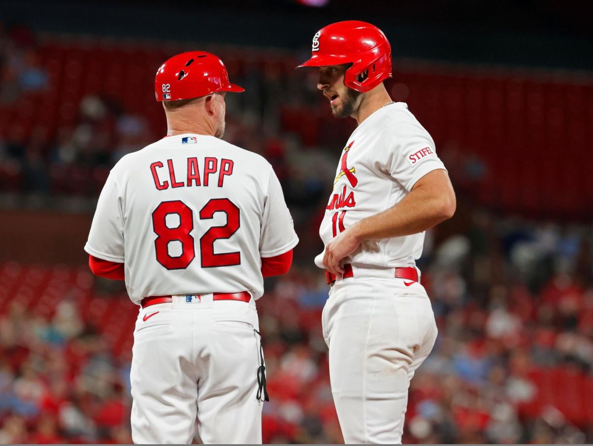 St. Louis Cardinals Tyler O' Neill (L) and Tommy Edman talk after taking  batting practice during Summer Camp at Busch Stadium in St. Louis on  Wednesday, July 7, 2020. Photo by Bill