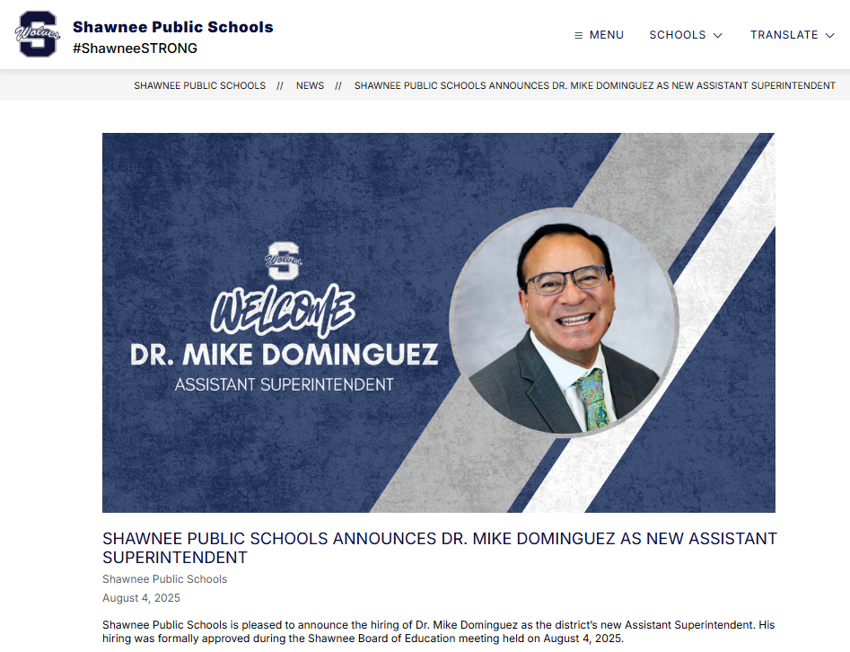 Mike Dominguez name Asst. Superintendent of Shawnee Public Schools in Oklahoma