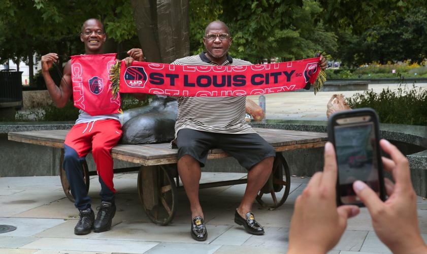 ST. LOUIS, MO - JUL 15: A fan waves his St. Louis City SC scarf in