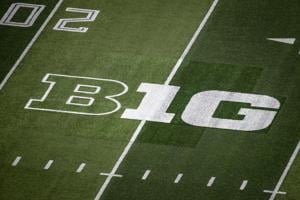 A patchwork of turf surrounds the Big Ten logo where it replaced the Pac-12 logo on the field at Autzen Stadium Saturday, Aug. 31, 2024 in Eugene, Ore.