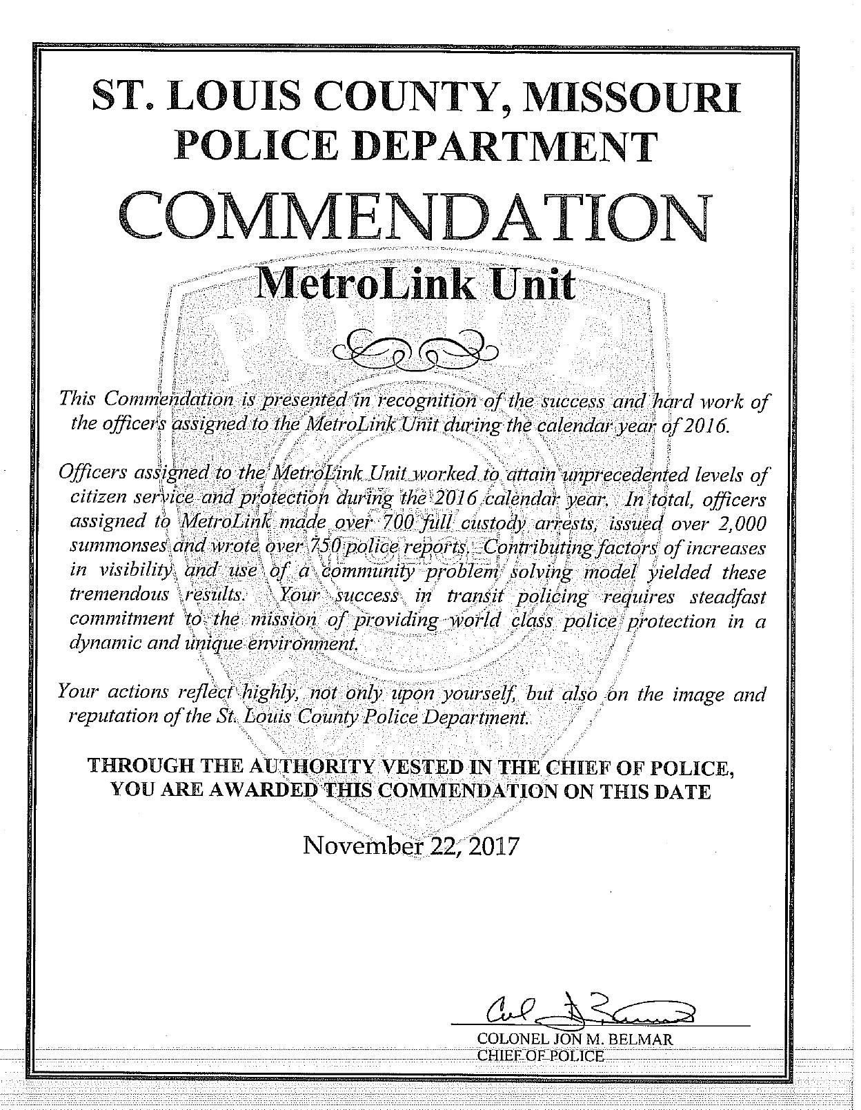 Messenger: Belmar gives commendation to MetroLink officers the same day