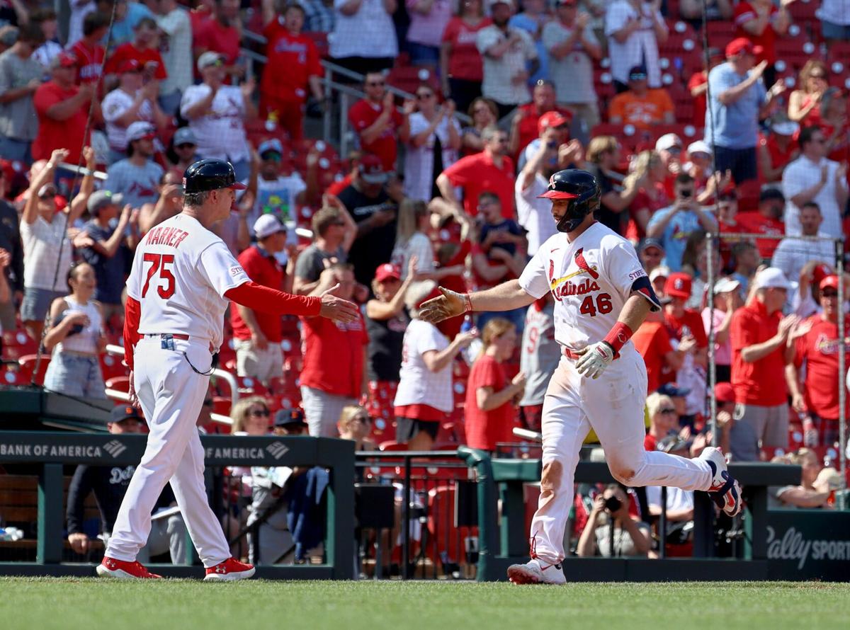 St. Louis, United States. 16th July, 2022. St. Louis Cardinals Brendan  Donovan inspects his arm after being hit by a pitch in the second inning  against the Cincinnati Reds at Busch Stadium