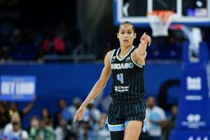 May 27, 2026; Chicago, Illinois, USA; Chicago Sky guard Skylar Diggins (4) reacts against the Toronto Tempo during the first half at Wintrust Arena. Mandatory Credit: Kamil Krzaczynski-Imagn Images