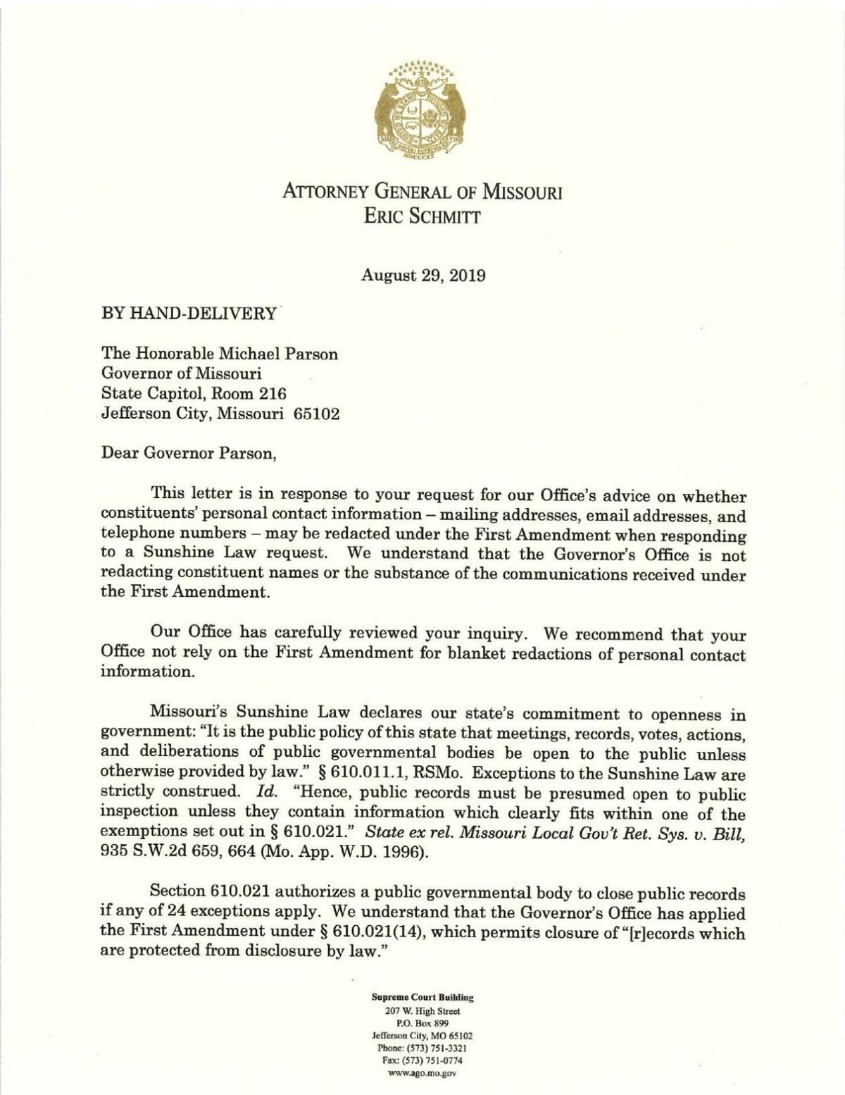 Attorney general's office letter