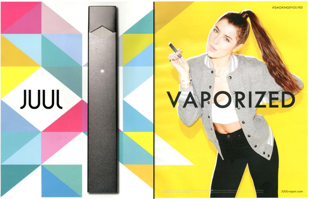 A screenshot shows 2015 advertising for Juul products displayed in a print magazine