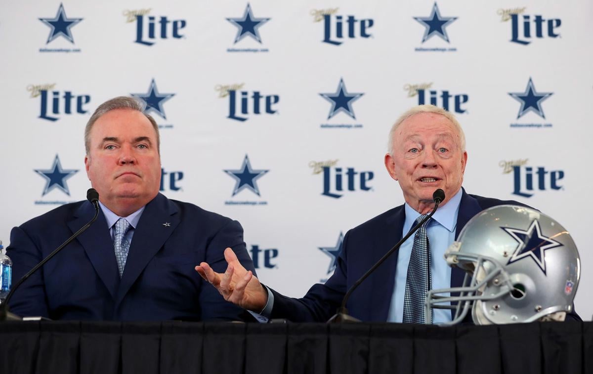 Dallas Cowboys head coach Mike McCarthy, left, and owner Jerry Jones talk with the media during a news conference at the Ford Center at The Star in Frisco, Texas, on Wednesday, Jan. 8, 2020. McCarthy has added four more coaches so far.